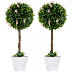 HOMCOM Set of 2 Decorative Artificial Plants Ball Trees with Flower for Home Indoor Outdoor Decor, 60cm ,Pink - 1
