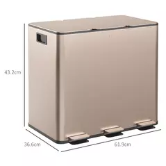 HOMCOM 45L Triple Compartment Stainless Steel Bin, with Deodoriser Holders - Gold Tone - 3