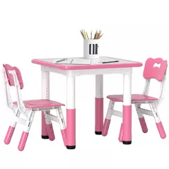 AIYAPLAY Height Adjustable Toddler Table and Chair Set, 3-Piece Children Activity Table w/ 2 Chairs for Playroom, Bedroom - Pink - 1