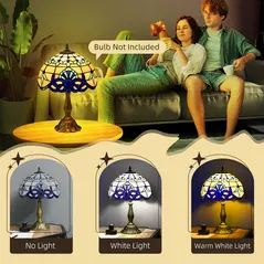 HOMCOM Stained Glass Table Lamp, Handmade Antique Bedside Lamp for Bedroom, Living room, Home, Nightstand, Decorative Night Light, Blue - 5