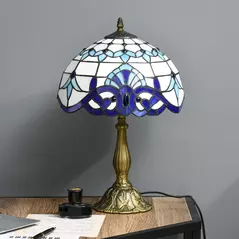 HOMCOM Stained Glass Table Lamp, Handmade Antique Bedside Lamp for Bedroom, Living room, Home, Nightstand, Decorative Night Light, Blue - 7