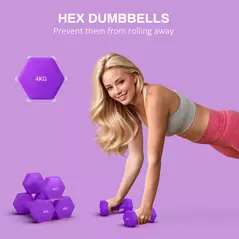 SPORTNOW 2 x 4kg Hexagonal Dumbbells Weights Set with Non-Slip Grip for Home Gym Workout, Purple - 4