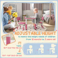 AIYAPLAY Height Adjustable Toddler Table and Chair Set, 3-Piece Children Activity Table w/ 2 Chairs for Playroom, Bedroom - Pink - 4