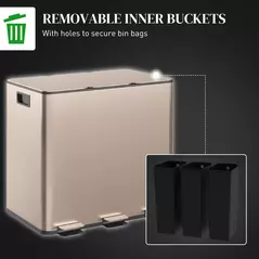 HOMCOM 45L Triple Compartment Stainless Steel Bin, with Deodoriser Holders - Gold Tone - 7