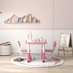 AIYAPLAY Height Adjustable Toddler Table and Chair Set, 3-Piece Children Activity Table w/ 2 Chairs for Playroom, Bedroom - Pink - 8