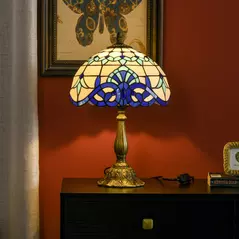 HOMCOM Stained Glass Table Lamp, Handmade Antique Bedside Lamp for Bedroom, Living room, Home, Nightstand, Decorative Night Light, Blue - 6