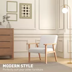 HOMCOM Modern Armchair, Linen Upholstered Sofa with Solid Wood Legs and Wide Seat, Accent Chair for Living Room Bedroom Office, Cream White - 4