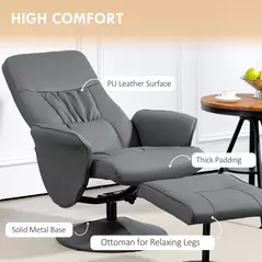 HOMCOM Swivel Recliner Chair with Footstool, PU Leather Armchair and Ottoman with High Back and Round Base for Living Room, Grey - 6