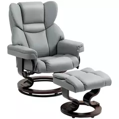 HOMCOM 360° Swivel Recliner Chair with Footstool, PU Leather Manual Recliner Armchair with Footstool, Solid Wood Base, Upholstered Reclining Chair for Living Room, Bedroom, Office, Light Grey - 1