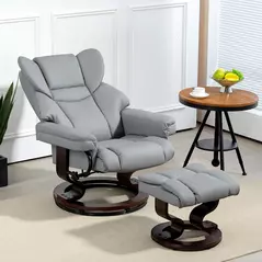HOMCOM 360° Swivel Recliner Chair with Footstool, PU Leather Manual Recliner Armchair with Footstool, Solid Wood Base, Upholstered Reclining Chair for Living Room, Bedroom, Office, Light Grey - 2