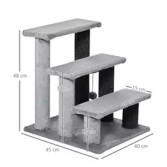 PawHut 3-step Pet Stairs with Scratching Posts, Platforms, Toy Ball, Grey - 3