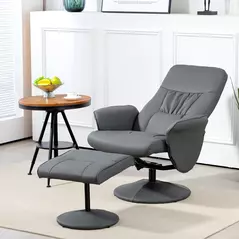 HOMCOM Swivel Recliner Chair with Footstool, PU Leather Armchair and Ottoman with High Back and Round Base for Living Room, Grey - 2