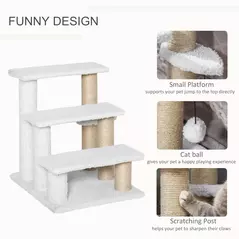 PawHut Pet Stair with 3-step Climb Ladder, Scratching Posts, Platforms, Toy Ball, for Indoor Elderly Cats Kittens, White - 5