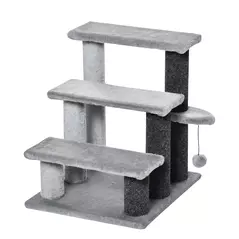 PawHut 3-step Pet Stairs with Scratching Posts, Platforms, Toy Ball, Grey - 1