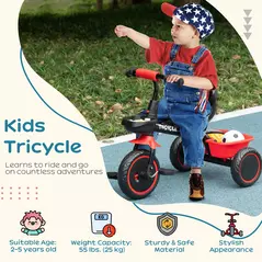 AIYAPLAY Kids Trike for 2-5 Years with Adjustable Seat, Pedal, Baskets, Red - 4