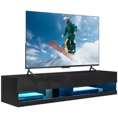 HOMCOM Floating TV Unit, Wall Mounted TV Cabinet for TVs up to 65", High Gloss Media Wall Unit with LED Lights, Storage Shelves for Living Entertainment Room, Black - 1