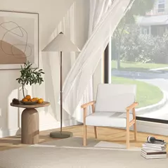 HOMCOM Modern Armchair, Linen Upholstered Sofa with Solid Wood Legs and Wide Seat, Accent Chair for Living Room Bedroom Office, Cream White - 7
