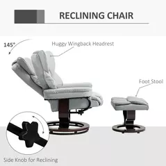 HOMCOM 360° Swivel Recliner Chair with Footstool, PU Leather Manual Recliner Armchair with Footstool, Solid Wood Base, Upholstered Reclining Chair for Living Room, Bedroom, Office, Light Grey - 4