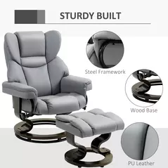 HOMCOM 360° Swivel Recliner Chair with Footstool, PU Leather Manual Recliner Armchair with Footstool, Solid Wood Base, Upholstered Reclining Chair for Living Room, Bedroom, Office, Light Grey - 5