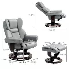 HOMCOM 360° Swivel Recliner Chair with Footstool, PU Leather Manual Recliner Armchair with Footstool, Solid Wood Base, Upholstered Reclining Chair for Living Room, Bedroom, Office, Light Grey - 3
