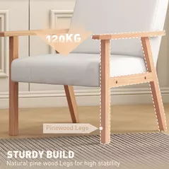 HOMCOM Modern Armchair, Linen Upholstered Sofa with Solid Wood Legs and Wide Seat, Accent Chair for Living Room Bedroom Office, Cream White - 6