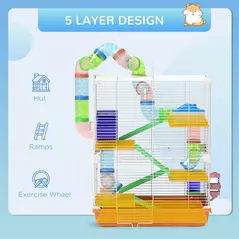 PawHut 5 Tier Hamster Cage Carrier Habitat w/ Exercise Wheels, Tunnel, Orange - 6