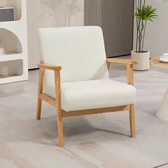 HOMCOM Fabric Accent Chair for Living Room, Arm Chair with Rubber Wood Frame and Padded Cushion, Cream White - 2