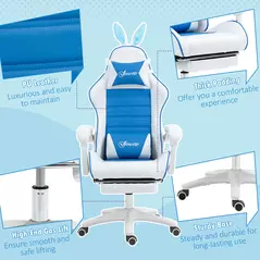 Vinsetto Racing Gaming Chair, Reclining PU Leather Computer Chair with Removable Rabbit Ears, Footrest and Lumber Support, Blue - 8