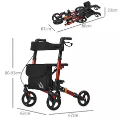 HOMCOM 4 Wheel Rollator with Seat and Back, Folding Mobility Walker with Carry Bag, Adjustable Height, Dual Brakes, Cane Holder, Lightweight Aluminium Walking Frame for Seniors and Disabled, Red - 3