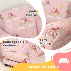 AIYAPLAY 2 Piece Kids Sofa Set with Unicorn Design, Wooden Frame, for 1.5-3 Years Old, Pink - 6