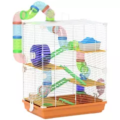PawHut 5 Tier Hamster Cage Carrier Habitat w/ Exercise Wheels, Tunnel, Orange - 1