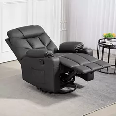 HOMCOM Manual Reclining Chair, Recliner Armchair with Swivel, Faux Leather, Footrest, Cup Holders, 86x93x102cm, Black - 8