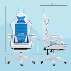 Vinsetto Racing Gaming Chair, Reclining PU Leather Computer Chair with Removable Rabbit Ears, Footrest and Lumber Support, Blue - 3