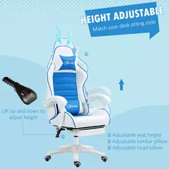 Vinsetto Racing Gaming Chair, Reclining PU Leather Computer Chair with Removable Rabbit Ears, Footrest and Lumber Support, Blue - 5
