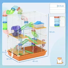 PawHut 5 Tier Hamster Cage Carrier Habitat w/ Exercise Wheels, Tunnel, Orange - 3