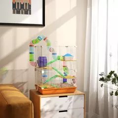 PawHut 5 Tier Hamster Cage Carrier Habitat w/ Exercise Wheels, Tunnel, Orange - 2