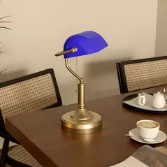 HOMCOM Banker's Desk Lamp with Antique Bronze Tone Base, Table Lamp with Blue Glass Shade for Home Office, Blue - 9