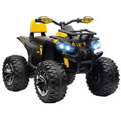 HOMCOM 12V Quad Bike ATV with LED Lights, Music, Backrest, Forward, Backward, Yellow - 1