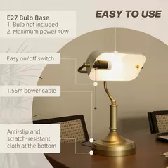 HOMCOM Banker's Desk Lamp with Antique Bronze Tone Base, Table Lamp with White Glass Shade for Home Office, White - 6
