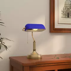 HOMCOM Banker's Desk Lamp with Antique Bronze Tone Base, Table Lamp with Blue Glass Shade for Home Office, Blue - 2