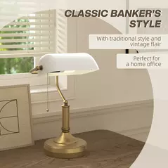 HOMCOM Banker's Desk Lamp with Antique Bronze Tone Base, Table Lamp with White Glass Shade for Home Office, White - 4
