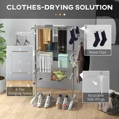 HOMCOM 3-Tier Clothes Airer, Stainless Steel Foldable Clothes Drying Rack with Wheels and Wings, Indoor and Outdoor, Easy Assembly, 142 x 55 x 152cm, White - 5