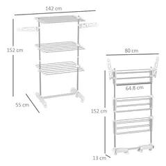 HOMCOM 3-Tier Clothes Airer, Stainless Steel Foldable Clothes Drying Rack with Wheels and Wings, Indoor and Outdoor, Easy Assembly, 142 x 55 x 152cm, White - 3