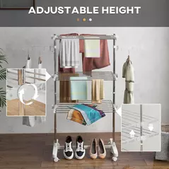 HOMCOM 3-Tier Clothes Airer, Stainless Steel Foldable Clothes Drying Rack with Wheels and Wings, Indoor and Outdoor, Easy Assembly, 142 x 55 x 152cm, White - 4