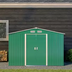 Outsunny 9 x 6ft Metal Garden Shed, Outdoor Storage Tool House with Ventilation Slots, Foundation Kit and Lockable Double Doors, Green - 9