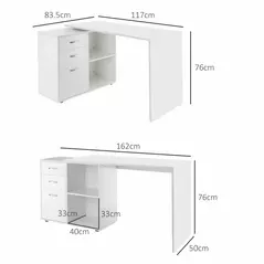 HOMCOM L Shaped Computer Desk, Reversible Home Office Desk with Drawers, File Cabinet and Storage Shelves, Study Table, 117 x 83.5 x 76cm, White - 3