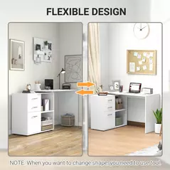 HOMCOM L Shaped Computer Desk, Reversible Home Office Desk with Drawers, File Cabinet and Storage Shelves, Study Table, 117 x 83.5 x 76cm, White - 5