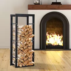 HOMCOM Metal Firewood Log Holder Tall Firewood Rack Indoor Outdoor Fireplace Wood Storage Shelf with Side Rails, Rust-Resistant, Black, 40W x 25D x 100H cm - 2