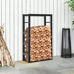 HOMCOM Metal Firewood Log Holder Tall Firewood Rack Indoor Outdoor Fireplace Wood Storage Shelf with Side Rails, Rust-Resistant, Black, 60W x 25D x 100H cm - 2