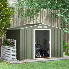 Outsunny 9 x 6ft Metal Garden Shed, Outdoor Storage Tool House with Ventilation Slots, Foundation Kit and Lockable Double Doors, Light Green - 2